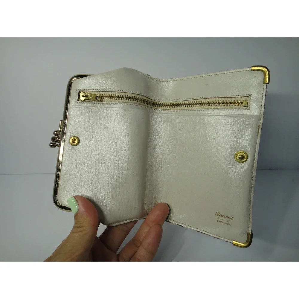 Baronet Vintage Floral Tapestry Tri-Fold Wallet Genuine Cowhide Kiss Lock Cream